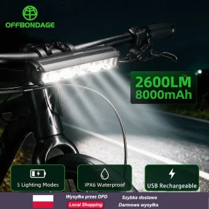 OFFBONDAGE 2600 Lumenów 8000mAh Przednia Lampka Rowerowa Typu C